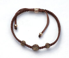 Brown zijde armbandje Shambala 3 balls Rosegold plated